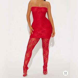 Red Lace Strapless Dress jumpsuit with